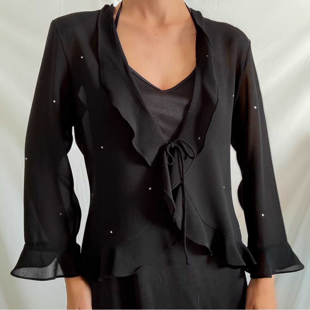 Vintage 90s black rhinestone ruffle flounce blouse top outerwear long sleeve